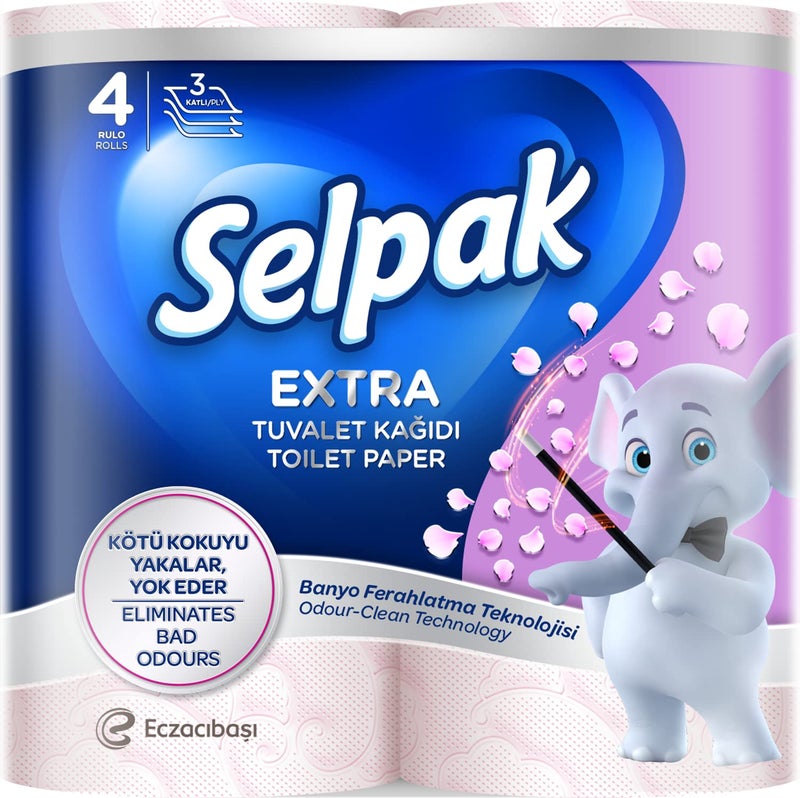 Selpak لفافة تواليت إضافية 3 طبقات 4 لفافة/عبوة بتقنية تنظيف الروائح - Image 1