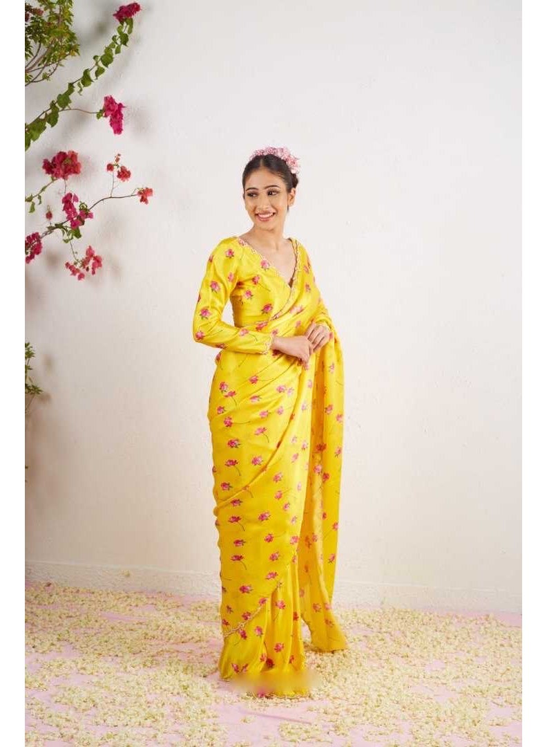 ستين سلك برنتد هند ورق لاسي بوردر saree - Image 2