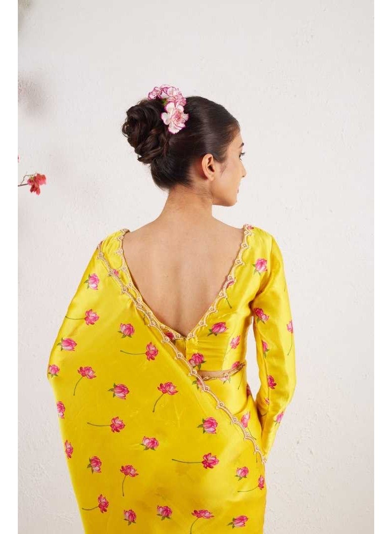 ستين سلك برنتد هند ورق لاسي بوردر saree - Image 3