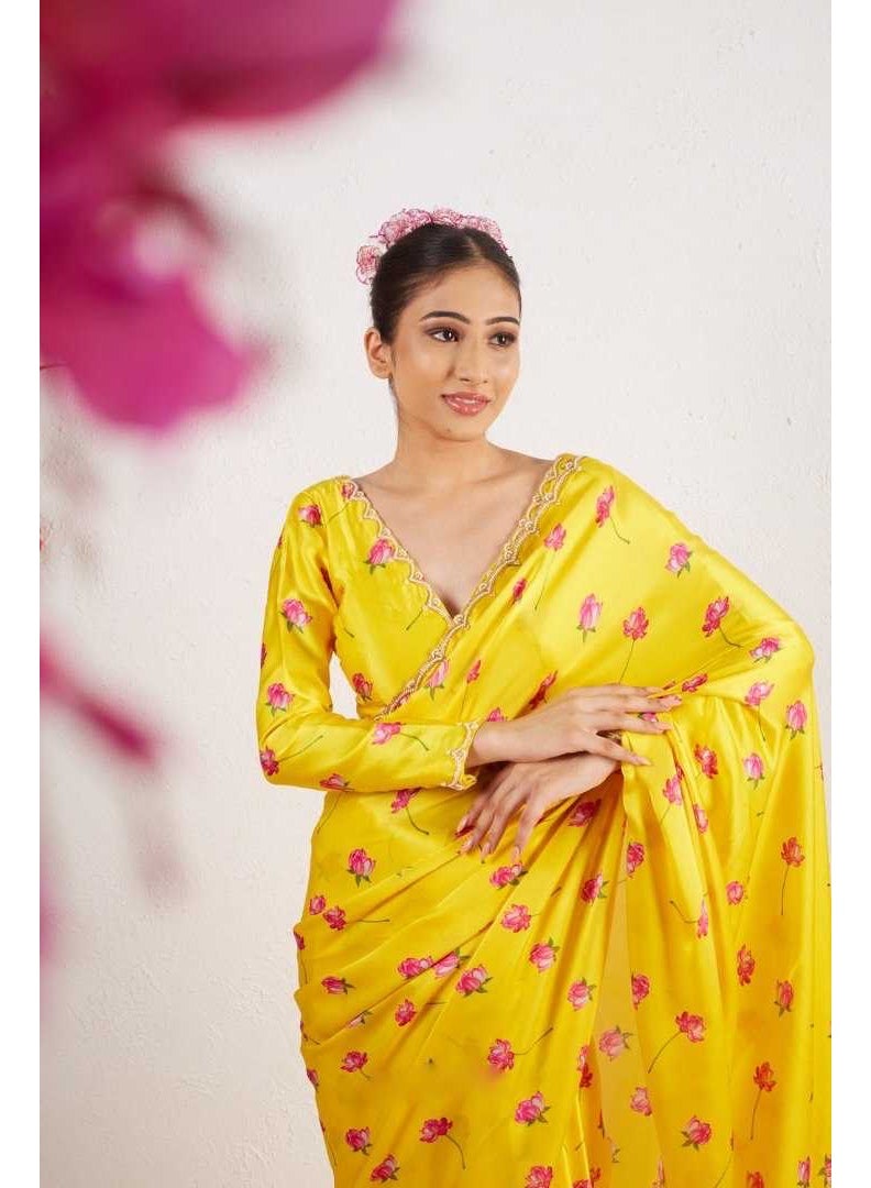 ستين سلك برنتد هند ورق لاسي بوردر saree - Image 4
