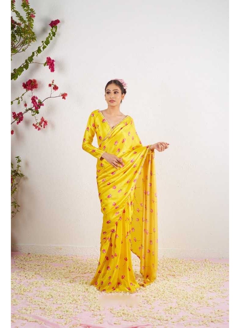 ستين سلك برنتد هند ورق لاسي بوردر saree - Image 1