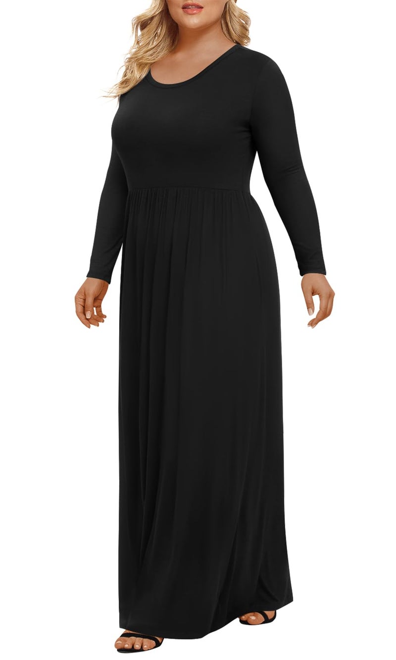 LONGYUAN Plus Size Dresses for Curvy Women Maxi Long Sleeve Casual Dresses with Pockets Black XL - Image 2