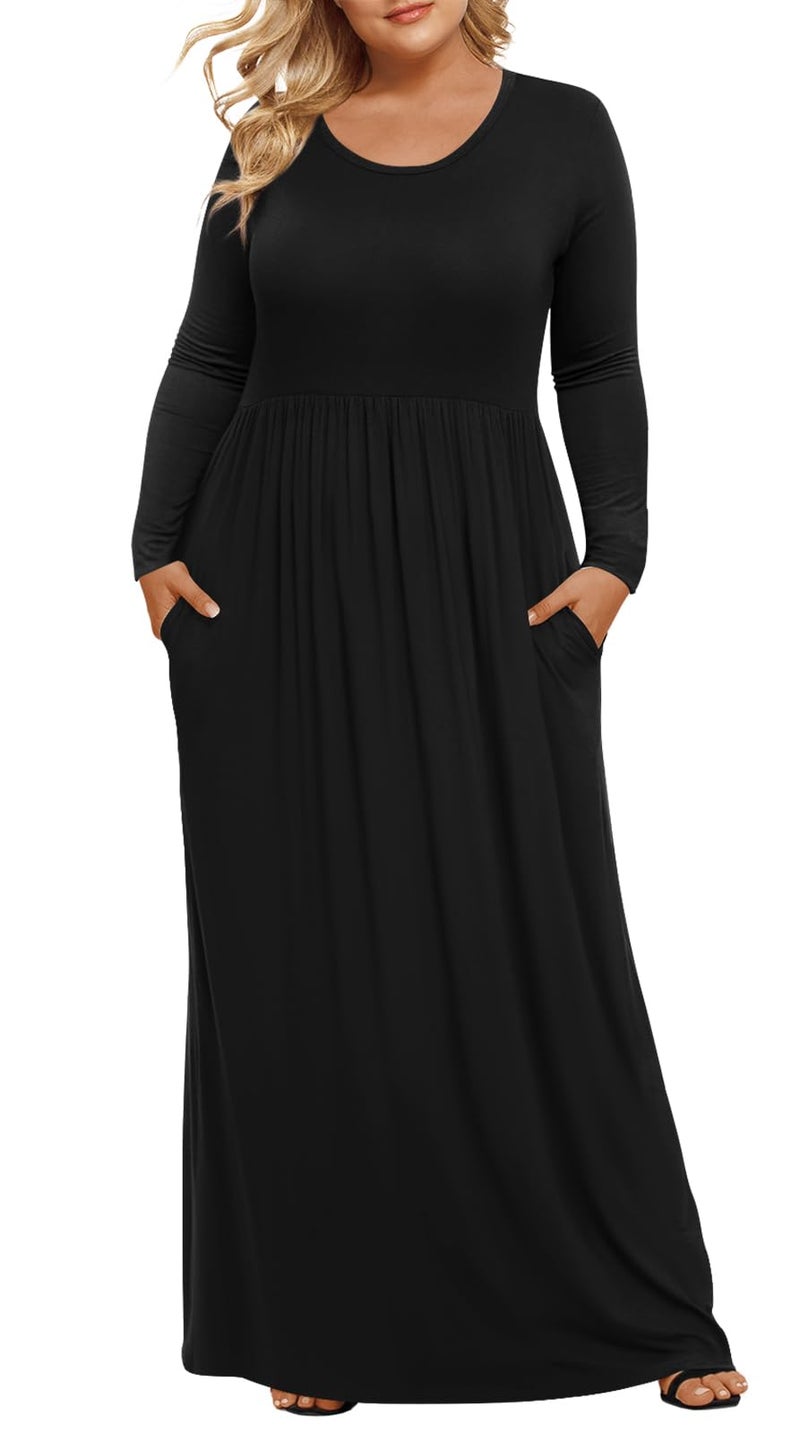 LONGYUAN Plus Size Dresses for Curvy Women Maxi Long Sleeve Casual Dresses with Pockets Black XL - Image 1