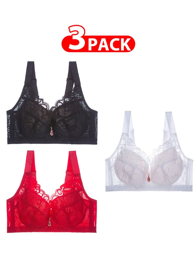 MARGOUN 3 Pack For Women's XL Size Lace Bra Wide Straps Wireless Bralettes with Full Cup Pads Bras for Ladys Women 42/95 Black/ Red /White - Image 1