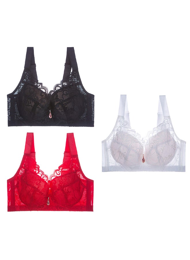 MARGOUN 3 Pack For Women's XL Size Lace Bra Wide Straps Wireless Bralettes with Full Cup Pads Bras for Ladys Women 42/95 Black/ Red /White - Image 2