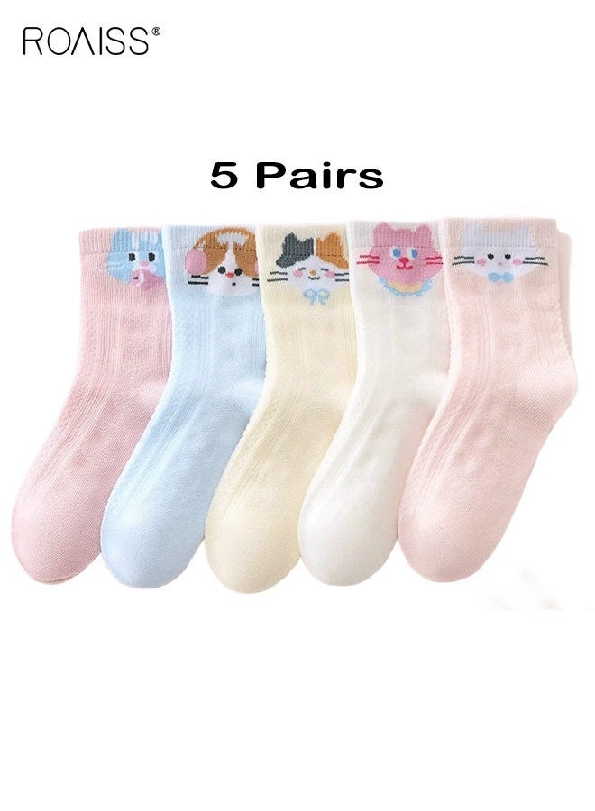 roaiss 5 Pairs Girls Mid-Calf Socks, Comfortable Breathable Mesh Socks Set, Anti-pilling Soft Socks with Adorable Patterns, Thin Middle Tube Socks for Girls - Image 1