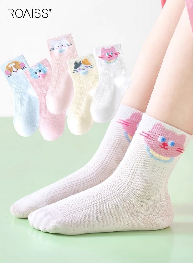 roaiss 5 Pairs Girls Mid-Calf Socks, Comfortable Breathable Mesh Socks Set, Anti-pilling Soft Socks with Adorable Patterns, Thin Middle Tube Socks for Girls - Image 2