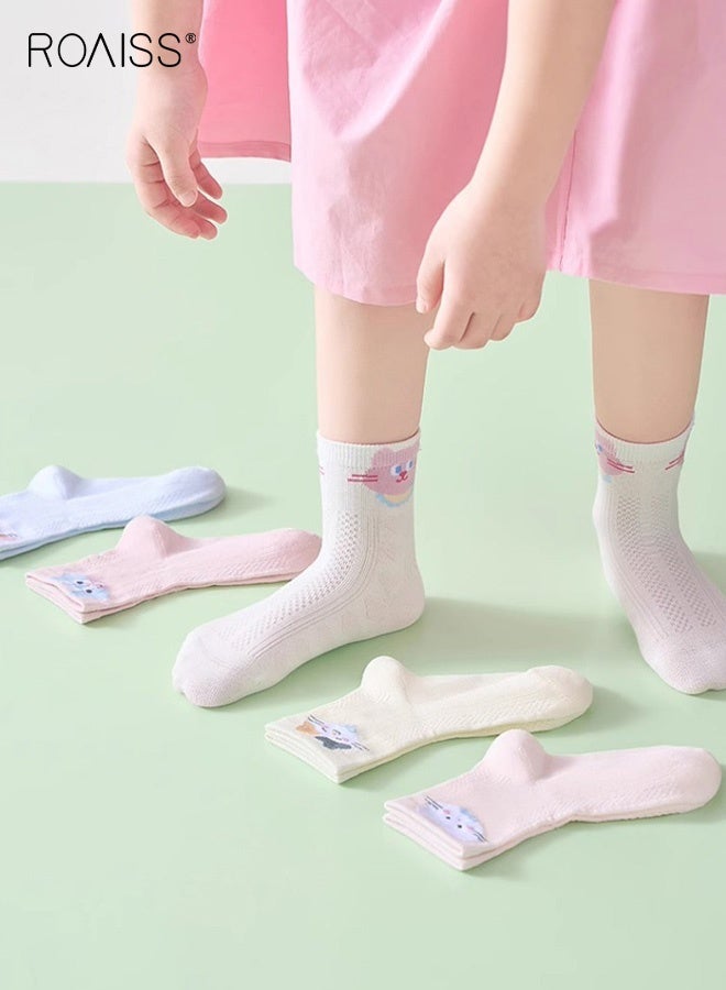 roaiss 5 Pairs Girls Mid-Calf Socks, Comfortable Breathable Mesh Socks Set, Anti-pilling Soft Socks with Adorable Patterns, Thin Middle Tube Socks for Girls - Image 3