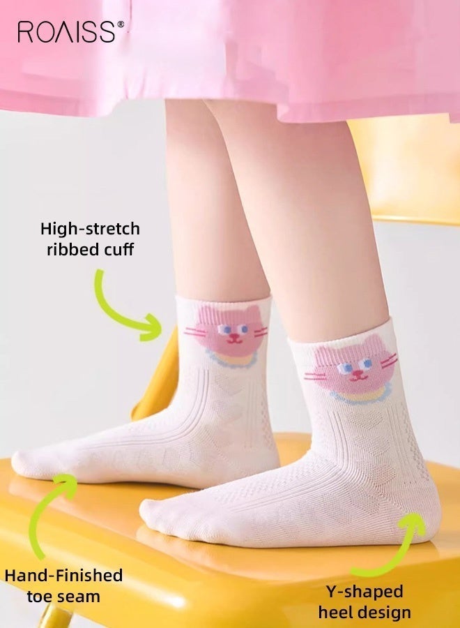 roaiss 5 Pairs Girls Mid-Calf Socks, Comfortable Breathable Mesh Socks Set, Anti-pilling Soft Socks with Adorable Patterns, Thin Middle Tube Socks for Girls - Image 4