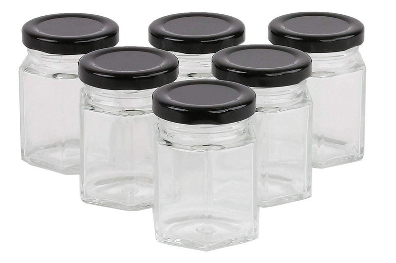 SITOVI Hexagon Glass Jar & Container with Rust Free Air Tight Lid, Suitable for Use in Your Home Office, Kitchen Storage/Glass Jar for Kitchen 250 ml (Black lid, 12) - Image 1
