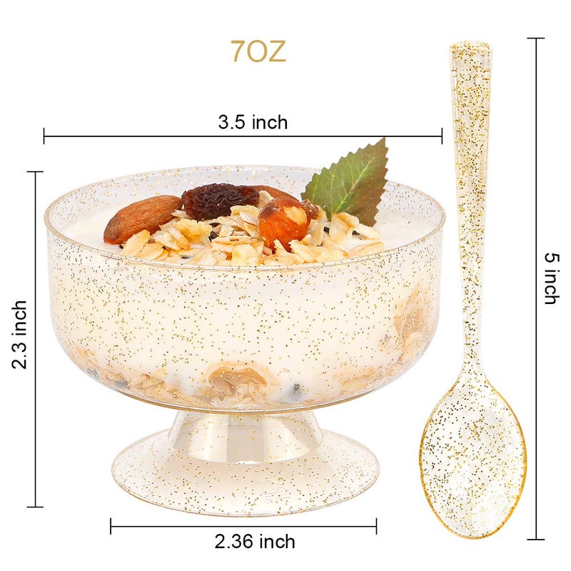 WDF 48pack 7oz Gold Glitter Medium Large Plastic Dessert Cups With Spoons-48 Disposable Ice Cream Plastic Cups & 48 Gold Glitter Tasting Spoons - Image 2