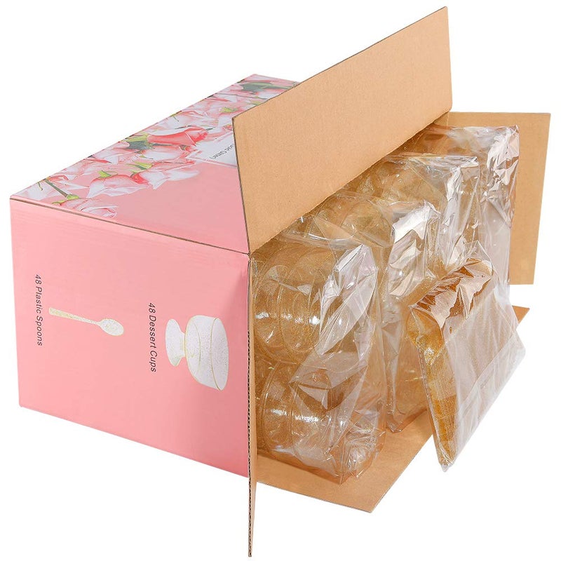 WDF 48pack 7oz Gold Glitter Medium Large Plastic Dessert Cups With Spoons-48 Disposable Ice Cream Plastic Cups & 48 Gold Glitter Tasting Spoons - Image 5