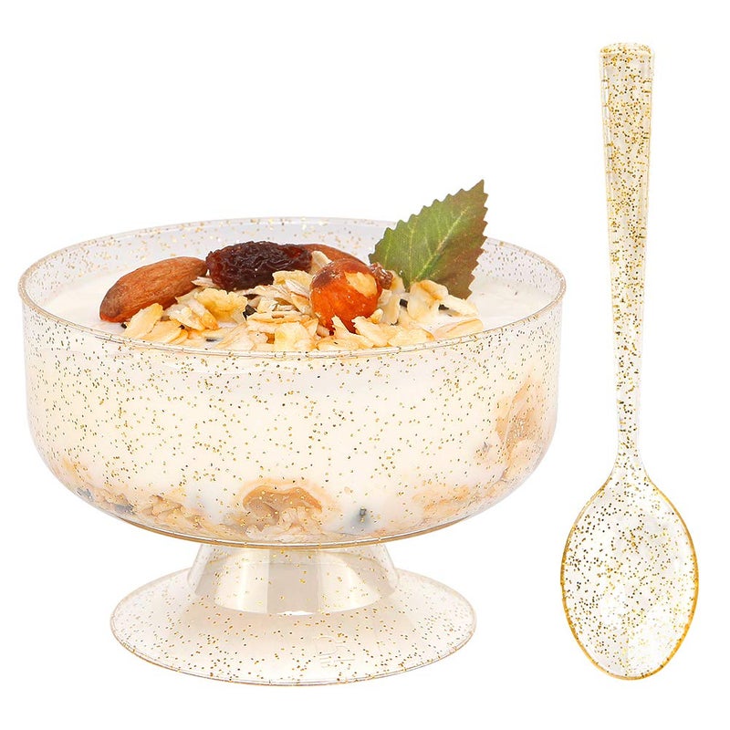 WDF 48pack 7oz Gold Glitter Medium Large Plastic Dessert Cups With Spoons-48 Disposable Ice Cream Plastic Cups & 48 Gold Glitter Tasting Spoons - Image 1
