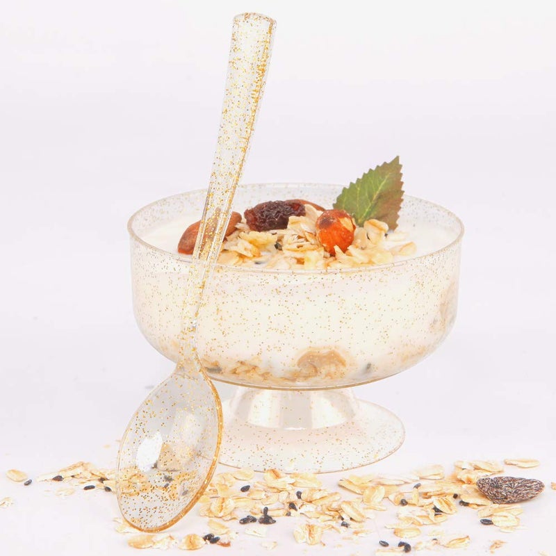 WDF 48pack 7oz Gold Glitter Medium Large Plastic Dessert Cups With Spoons-48 Disposable Ice Cream Plastic Cups & 48 Gold Glitter Tasting Spoons - Image 4