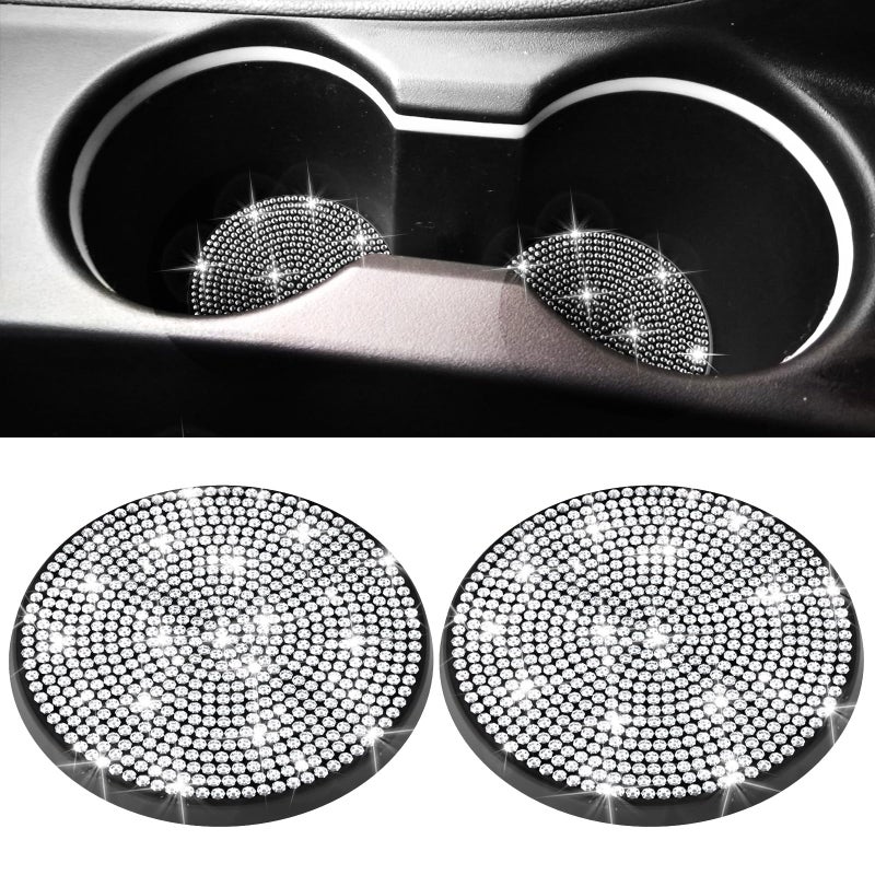 BFXM 2 PCS Bling Cup Holder Coaster, 2.75 inch Diamond Universal Non-Slip Silicone Cup Holder Coasters, Sparkly Bling Car Accessories for Women (White) - Image 1