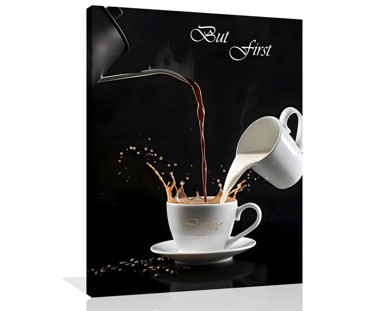 OWNANRTHM Coffee Canvas Wall Art But First Coffee Sign Poster Abstract Coffee Pictures for Coffee Bar for Kitchen Dining Room Wall Decor Framed 8X10 inch - Image 1