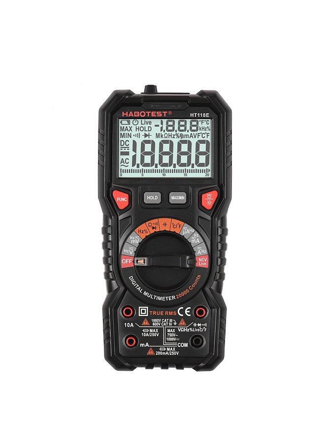 HABOTEST HT118E Digital Multimeter Auto Range Multi-meter 20,000 Counts True RMS Measuring AC/DC Voltage & Current Resistance Capacitance Frequency Temperature Continuity Duty MAX/MIN Mesaurement Live & NCV Test Diode with LCD Backlight Flashlight  - Image 1