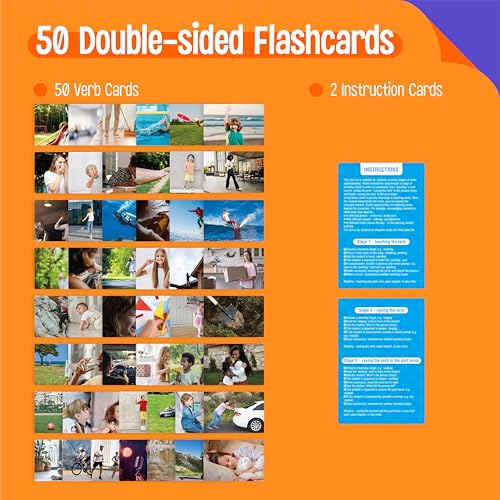 SpriteGru 50 Verb Flashcards Picture Word Cards Action Language Builder Visual Aid Language Learning Tool for Autism ESL Teaching Materials for Adults NonVerbal Children Vocabulary Builder for Kids - Image 5