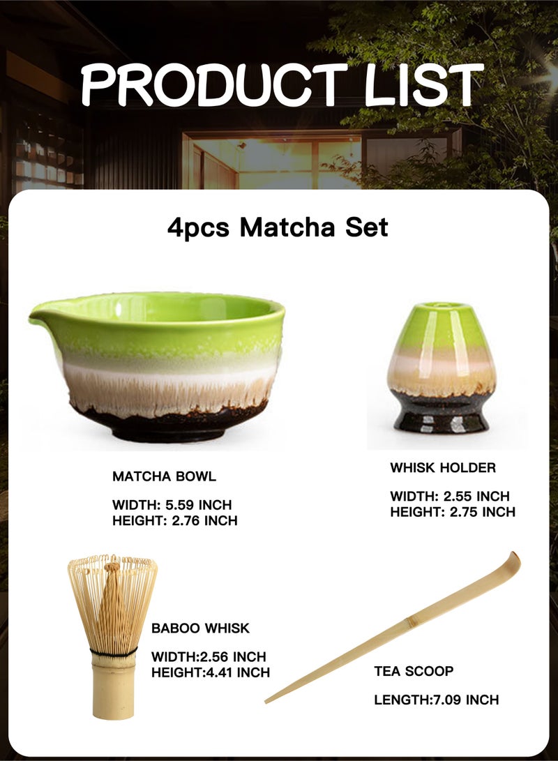 دائرة مربعة طقم ماتشا ياباني مكون من 4 قطع مع فوهة، وعاء ماتشا سيراميكي + حامل خفاقة + خفاقة من الخيزران + ملعقة، لحفل الشاي التقليدي - طقم ماتشا مثالي مصنوع يدويًا من السيراميك الخشن لتحضير شاي ماتشا التقليدي، طقم هدايا ماتشا طبيعي 100% (تدرج أخضر) - Image 2
