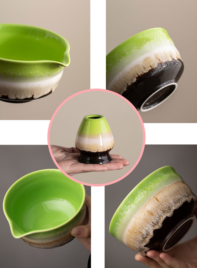 دائرة مربعة طقم ماتشا ياباني مكون من 4 قطع مع فوهة، وعاء ماتشا سيراميكي + حامل خفاقة + خفاقة من الخيزران + ملعقة، لحفل الشاي التقليدي - طقم ماتشا مثالي مصنوع يدويًا من السيراميك الخشن لتحضير شاي ماتشا التقليدي، طقم هدايا ماتشا طبيعي 100% (تدرج أخضر) - Image 5