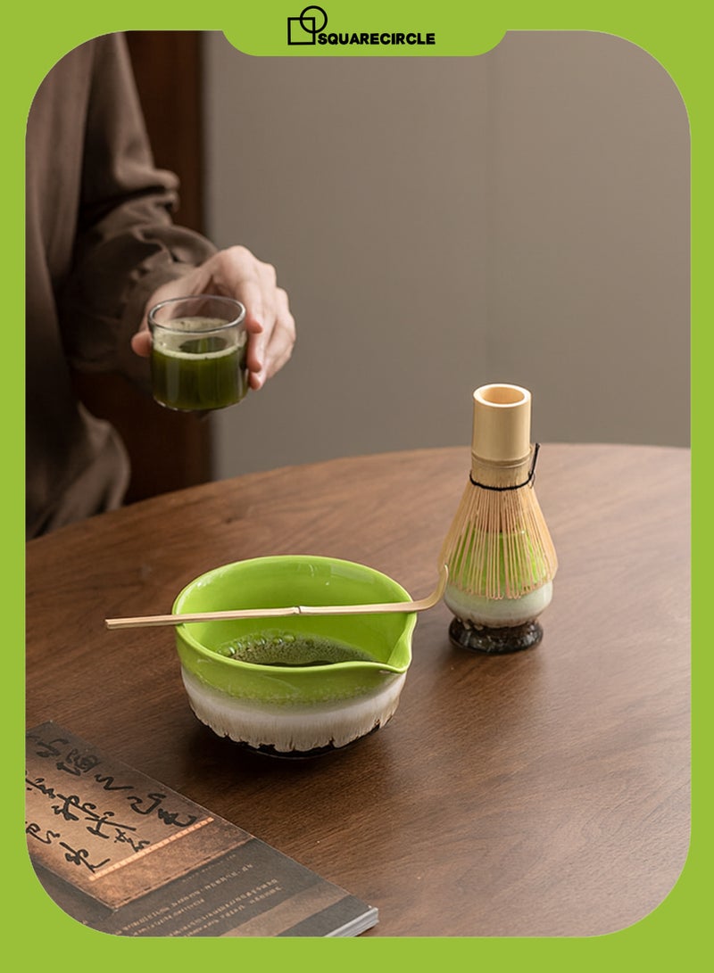 دائرة مربعة طقم ماتشا ياباني مكون من 4 قطع مع فوهة، وعاء ماتشا سيراميكي + حامل خفاقة + خفاقة من الخيزران + ملعقة، لحفل الشاي التقليدي - طقم ماتشا مثالي مصنوع يدويًا من السيراميك الخشن لتحضير شاي ماتشا التقليدي، طقم هدايا ماتشا طبيعي 100% (تدرج أخضر) - Image 3