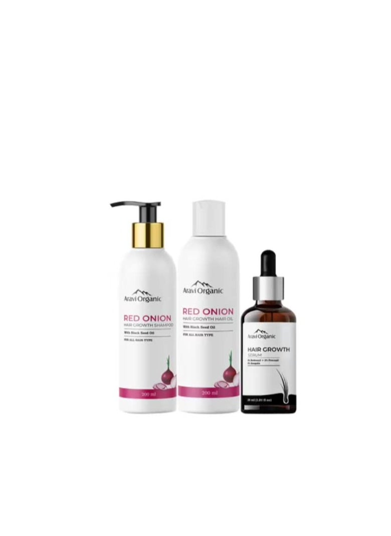 Aravi Organic Aravi Organic Hair Growth Onion Hair Oil 200ml And Onion Hair Shampoo 200ml Advanced Hair Growth Serum 15ml Pack of 3  - Image 1