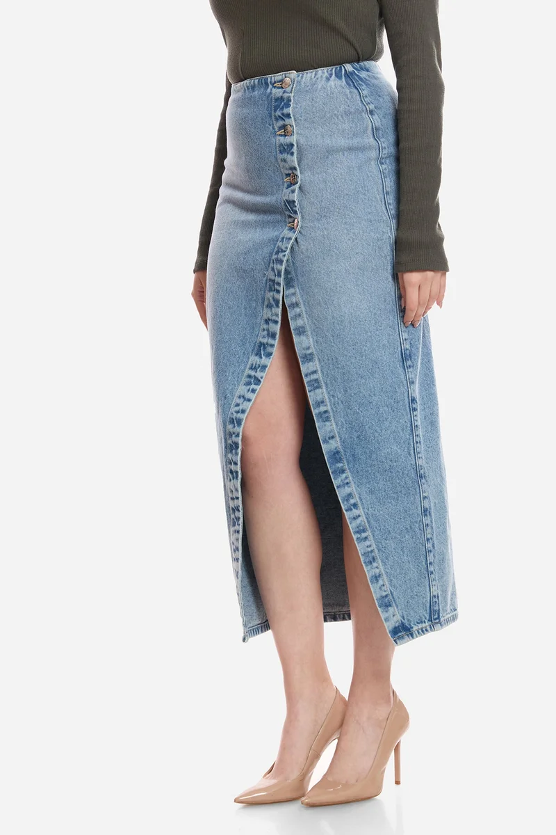Virgio  Solid Cotton Denim Wrap Midi Skirt for Women for Women | Best Price UAE