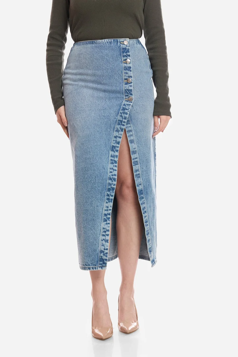 فيرجيو Solid Cotton Denim Wrap Midi Skirt for Women