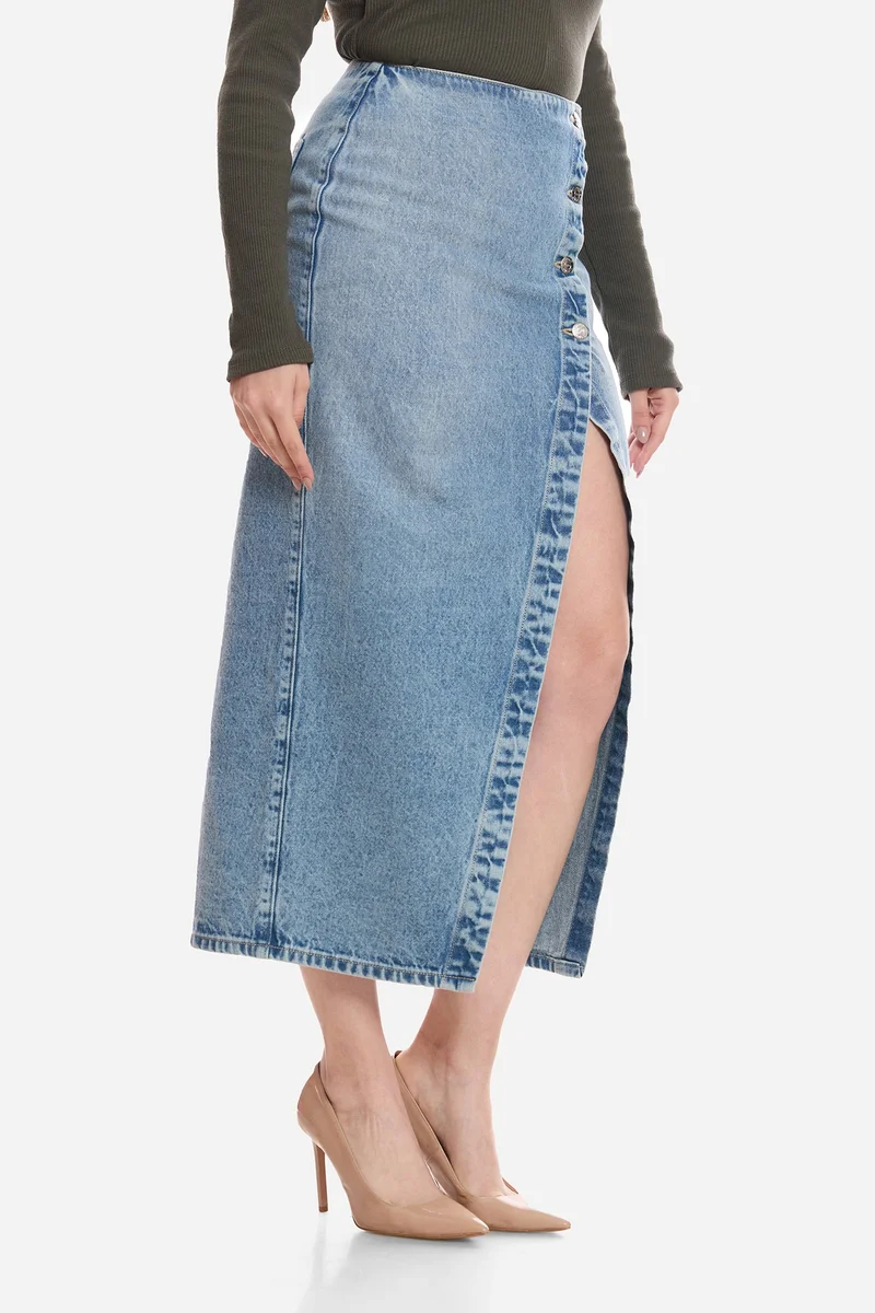 Virgio  Solid Cotton Denim Wrap Midi Skirt for Women for Women | Best Price UAE