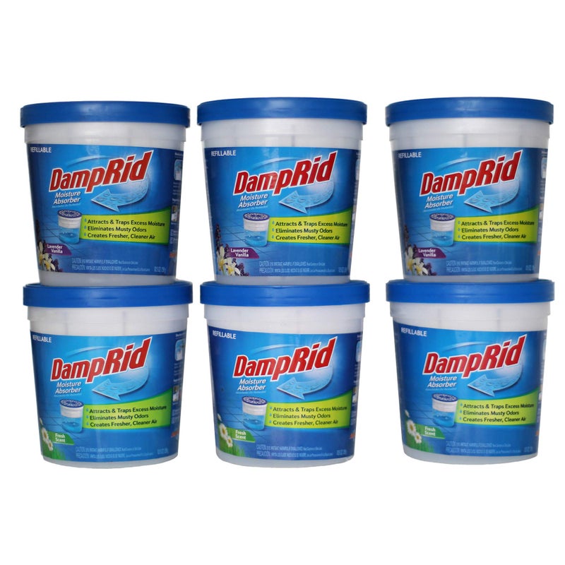 DampRid Refillable Absorber Variety Pack 105 oz Cups 6 Pack 3 Fresh Scent 3 Lavender Vanilla Traps Moisture for Fresher Cleaner Air