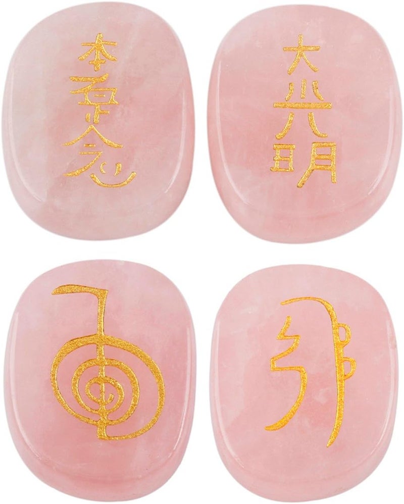 mookaitedecor 4 Piece Rose Quartz Stones Engraved Chakra Symbols Polished Palm Stones for Reiki Crystal Healing