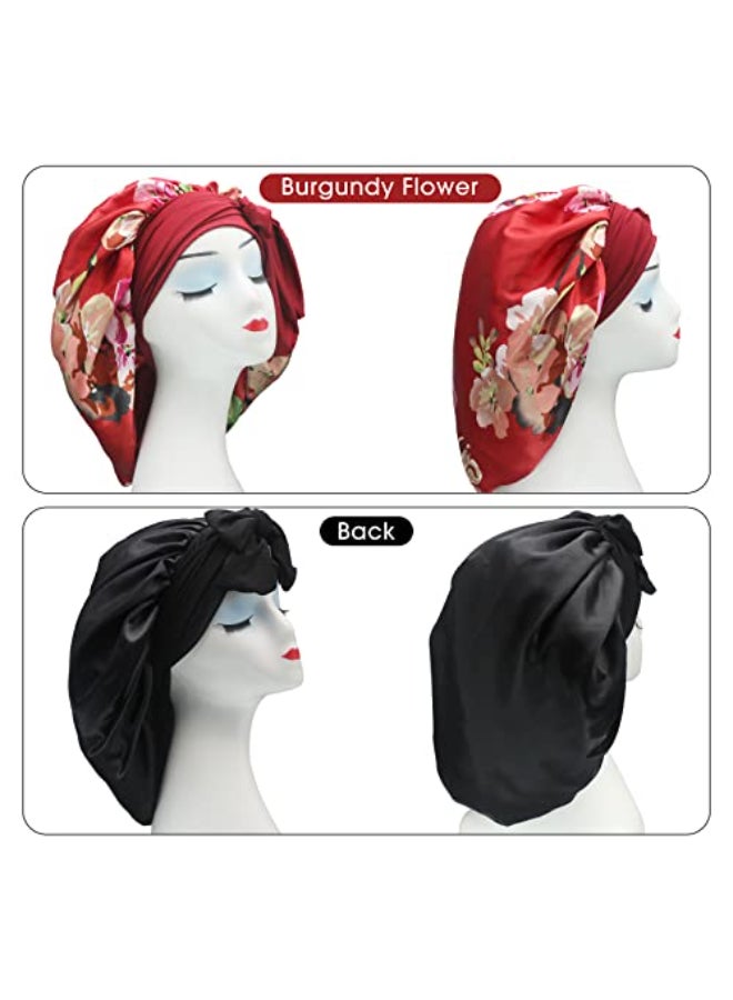 Hanbertti 2 Pack Silk Satin Hair Bonnet with Stretch Tie Band Bonnets for Curly Hair Sleeping Adult Women Girls BlackBurgundy Flower - Image 3