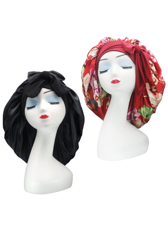 Hanbertti 2 Pack Silk Satin Hair Bonnet with Stretch Tie Band Bonnets for Curly Hair Sleeping Adult Women Girls BlackBurgundy Flower - Image 2