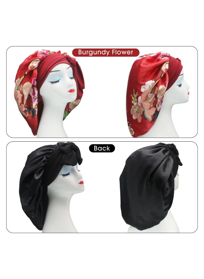 Hanbertti 2 Pack Silk Satin Hair Bonnet with Stretch Tie Band Bonnets for Curly Hair Sleeping Adult Women Girls BlackBurgundy Flower - Image 4