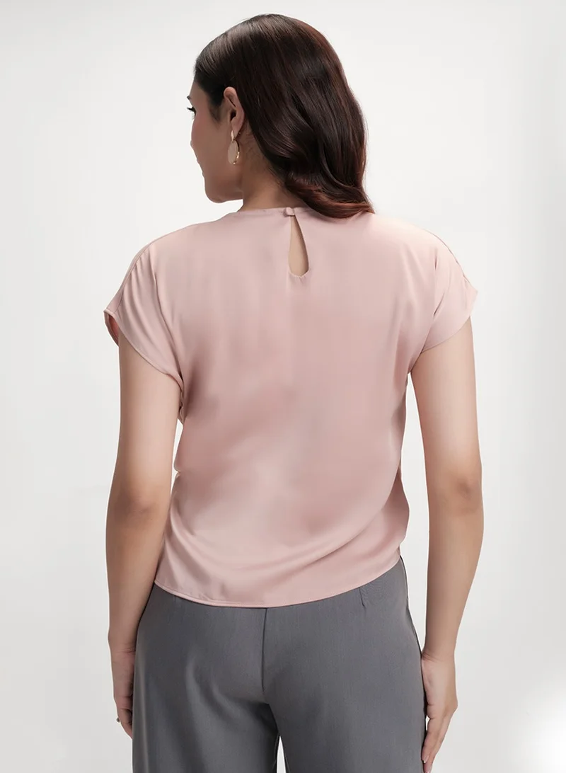 Zigzag Waist Tie Round Neck Satin Pink Top