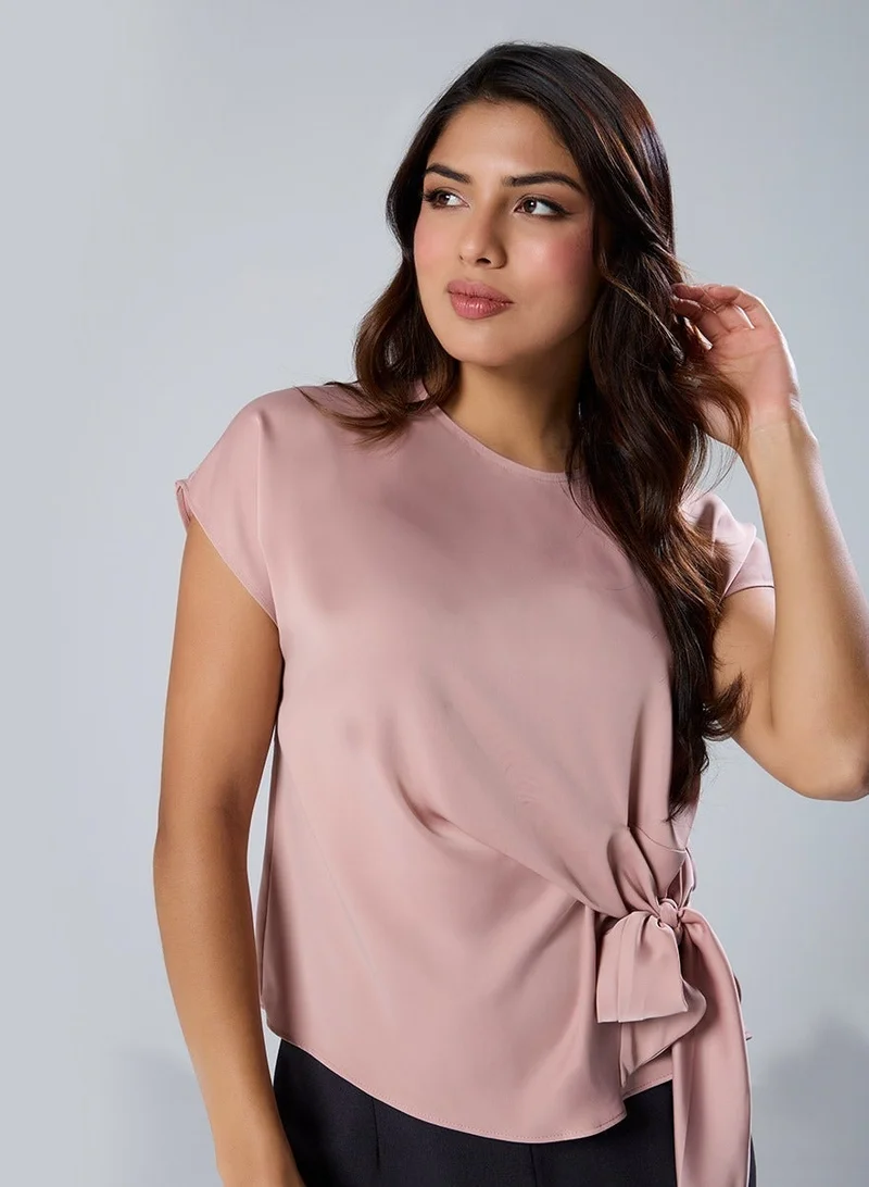 Zigzag Waist Tie Round Neck Satin Pink Top