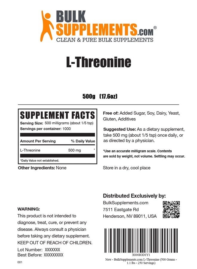 BULKSUPPLEMENTS.COM مسحوق L-Threonine - مكمل الأحماض الأمينية، لدعم المناعة - بدون نكهة، خالي من الغلوتين - 500 ملغ لكل حصة، 1000 حصة (500 جرام - 1.1 رطل) - Image 2