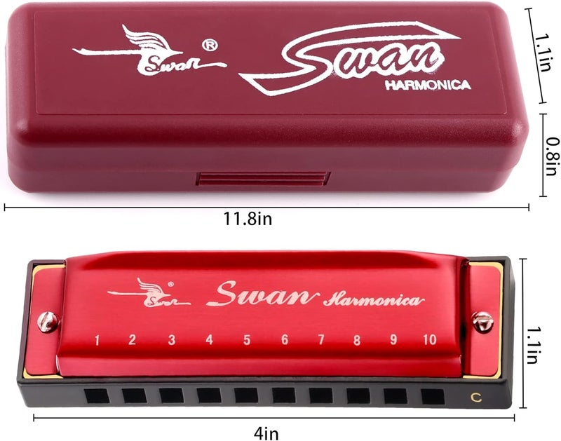 SWAN Blues Harmonica Key of C Mouth Organ Diatonic Harmonica with Case, 10 Hole 20 Tones Stainless Blues Harp for Adults, Beginners(Burgundy Red) - Image 2