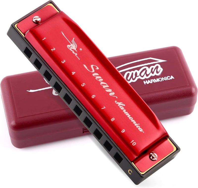 SWAN Blues Harmonica Key of C Mouth Organ Diatonic Harmonica with Case, 10 Hole 20 Tones Stainless Blues Harp for Adults, Beginners(Burgundy Red) - Image 1