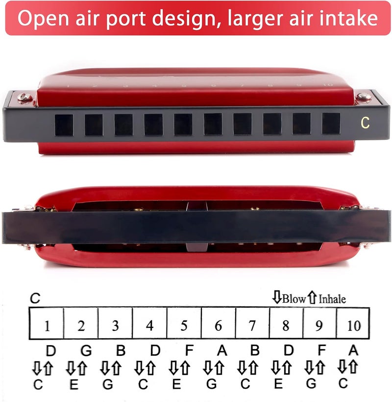 SWAN Blues Harmonica Key of C Mouth Organ Diatonic Harmonica with Case, 10 Hole 20 Tones Stainless Blues Harp for Adults, Beginners(Burgundy Red) - Image 4