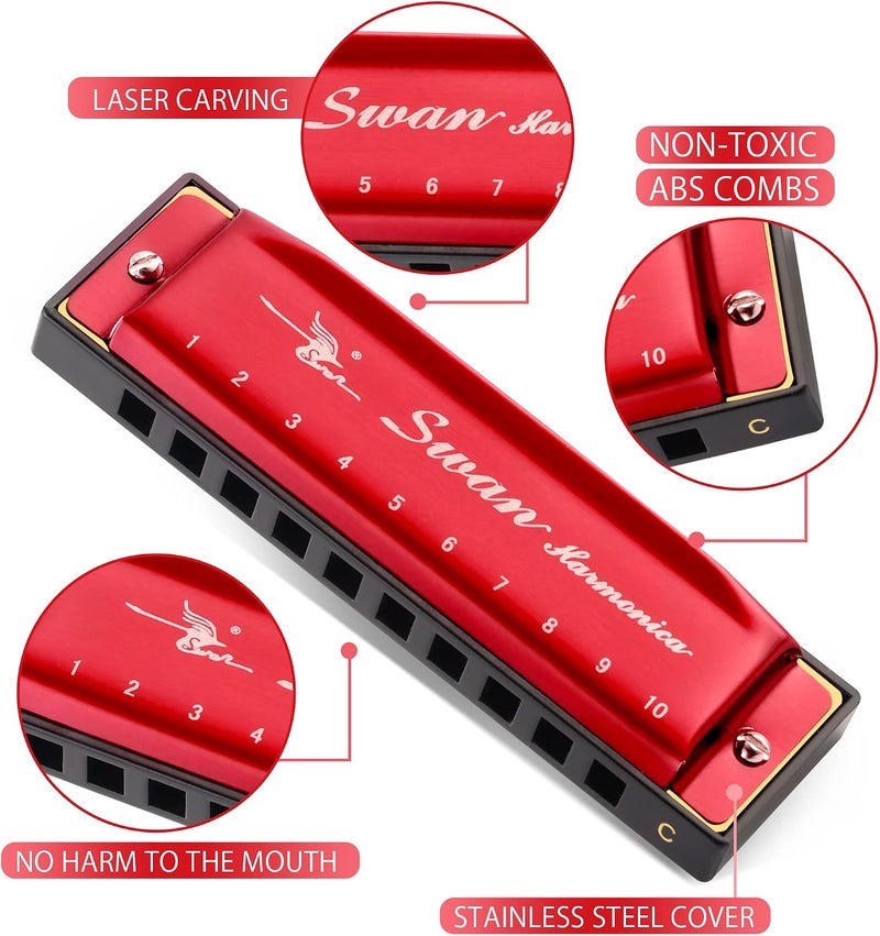 SWAN Blues Harmonica Key of C Mouth Organ Diatonic Harmonica with Case, 10 Hole 20 Tones Stainless Blues Harp for Adults, Beginners(Burgundy Red) - Image 3