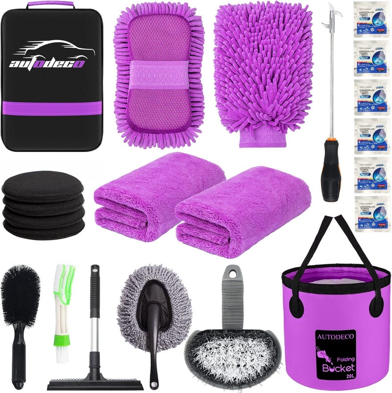 AUTODECO 22Pcs Car Wash Cleaning Tools Kit Car Detailing Set with Canvas Bag Purple Collapsible Bucket Wash Mitt Sponge Towels Tire Brush Window Scraper Duster Complete Interior Car Care Kit - Image 1