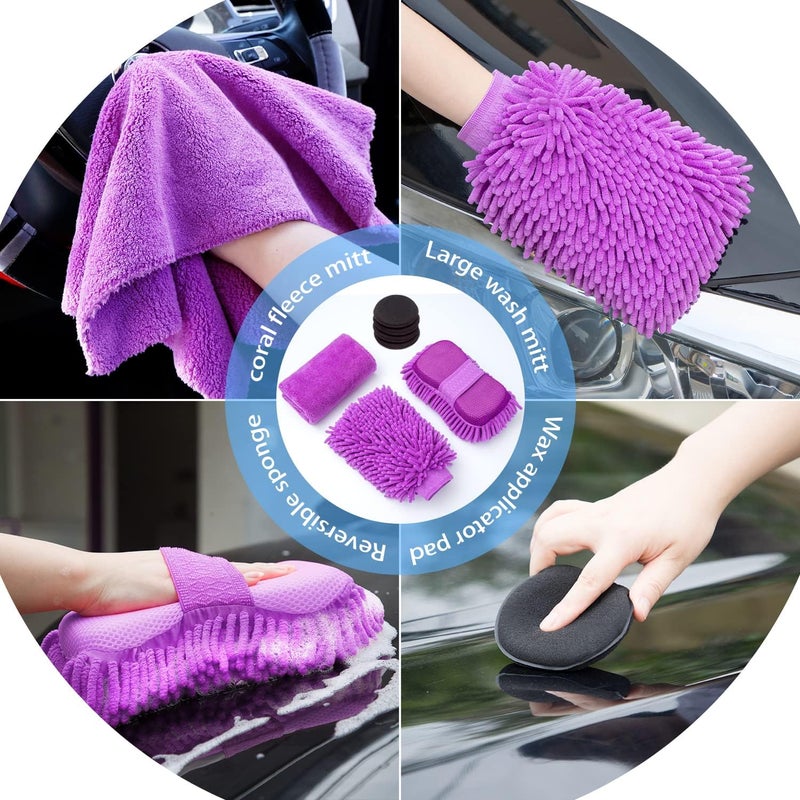 AUTODECO 22Pcs Car Wash Cleaning Tools Kit Car Detailing Set with Canvas Bag Purple Collapsible Bucket Wash Mitt Sponge Towels Tire Brush Window Scraper Duster Complete Interior Car Care Kit - Image 4