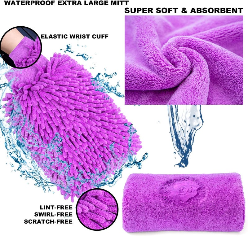 AUTODECO 22Pcs Car Wash Cleaning Tools Kit Car Detailing Set with Canvas Bag Purple Collapsible Bucket Wash Mitt Sponge Towels Tire Brush Window Scraper Duster Complete Interior Car Care Kit - Image 3