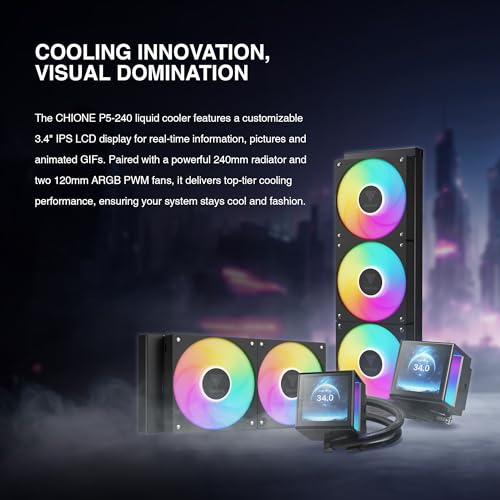GAMDIAS CHIONE P5-240 Liquid CPU Cooler, 240mm AIO w/Customizable 3.4'' IPS LCD, Rotatable Magnetic Pump, Hidden Cable Fan (Daisy-Chained), Support PWM & ARGB MB Sync, Intel LGA 1851；AMD AM5, Black - Image 2