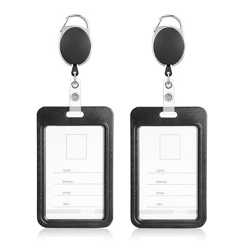 GLUN® Pack of 2 Sliding Badge Holders, Hard Black Vertical Card Case with Retractable Reel & Carabiner for Office, School ID, Credit, Key Cards & Driver’s License - Image 1