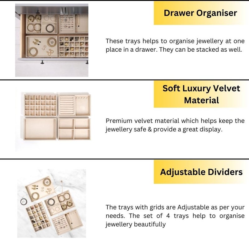La Trove Jewelry Tray Organizer, Tray Drawer Display for Earrings, Chains, and Rings | Vegan Leather Storage Solution for Home, Closet, and Jewelry Organization - Set Of 4 | Cream | - Image 4