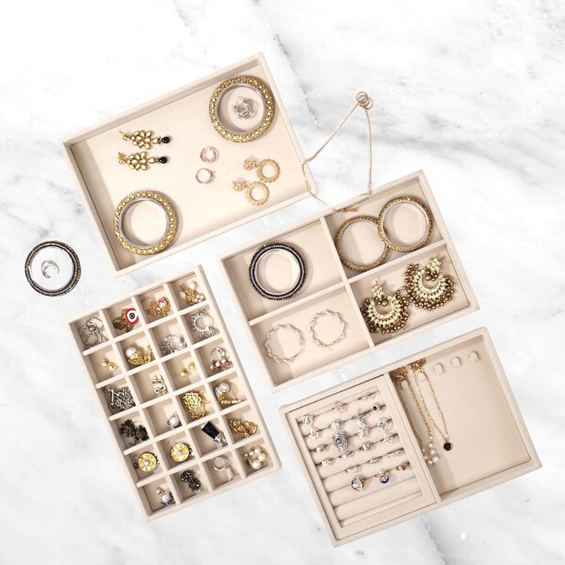 La Trove Jewelry Tray Organizer, Tray Drawer Display for Earrings, Chains, and Rings | Vegan Leather Storage Solution for Home, Closet, and Jewelry Organization - Set Of 4 | Cream | - Image 1