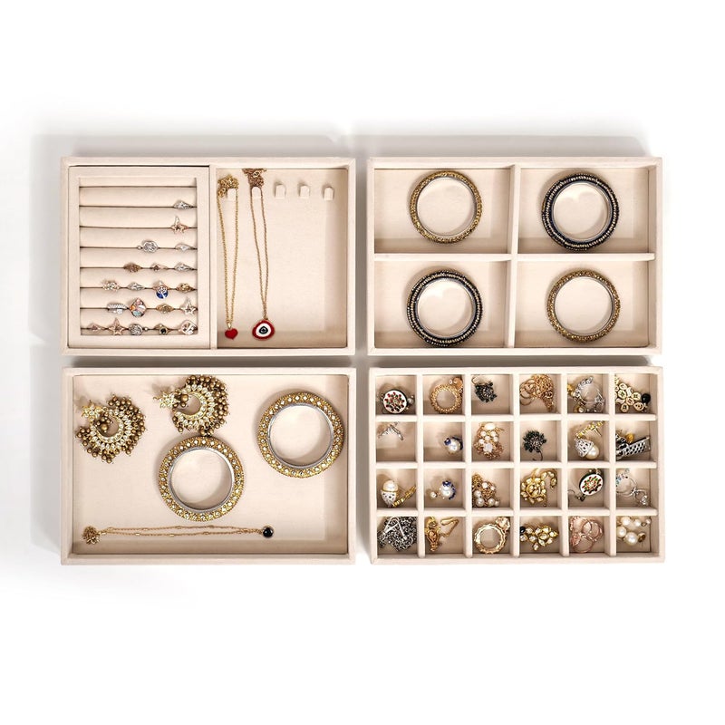 La Trove Jewelry Tray Organizer, Tray Drawer Display for Earrings, Chains, and Rings | Vegan Leather Storage Solution for Home, Closet, and Jewelry Organization - Set Of 4 | Cream | - Image 2