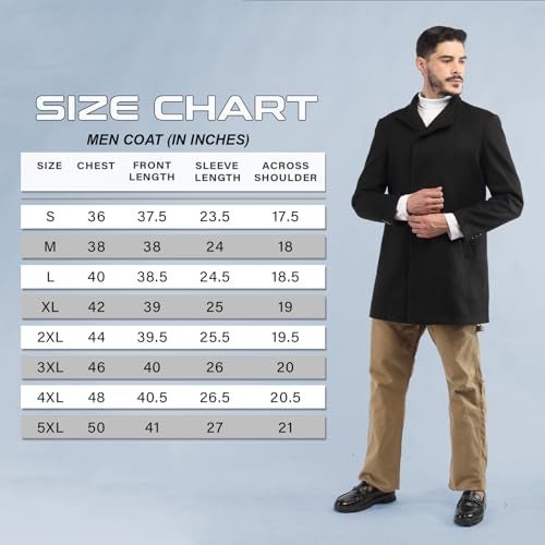 CHKOKKO Men Stylish Long Winter Coat Single Breasted Thigh Length Overcoat with Elegant Spread Collar & Practical Front Side Pockets for Formal or Semi-Formal Occasions BLACK 3XL - Image 2